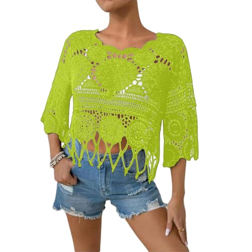 Haut bohème à manches 3/4 et ourlet à franges pour femme - Tricot ajouré - Vêtement de plage décontracté - Haut en crochet transparent pour femme, vert fluorescent, S
