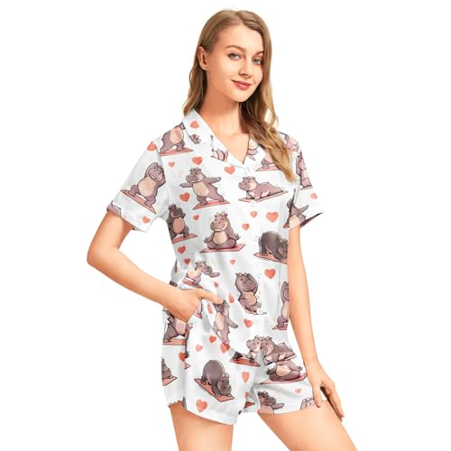 Image of Funny Pajamas for Women Set Print Satin Loungewear Pjs Short Sleeve Button Down Top and Shorts Sets Sleepwear XS-3XL
