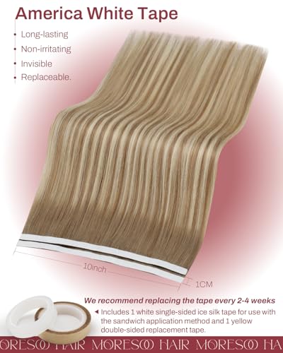 Image of Moresoo Weft Tape Extensions Human Hair Light Brown Blonde 20 Inch 75g 2Pcs | Skin weft tape in hair extensions, cut-to-size design for layered placement and a lived-in light brown blonde finish