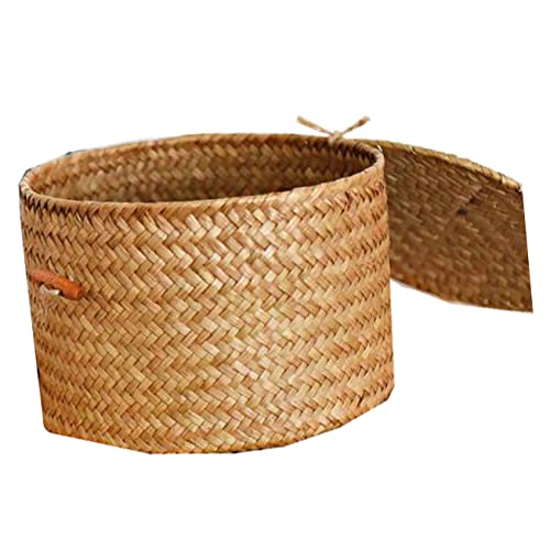 Housoutil Storage Box with Lid Basket for Fruit Round Wicker Tray Round Storage Basket Willow Basket Wicker Storage Baskets with Lids Toilet Paper Storage Stand Straw Basket for Home