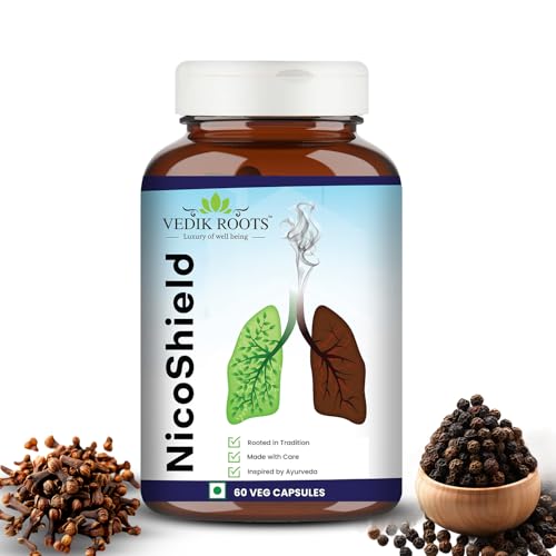 Vedikroots NicoShield Ayurvedic Herbal Supplement for Smoking Support | Helps Reduce Nicotine Cravings Naturally | FSSAI Approved & GMP Certified | 60 Vegetarian Capsules