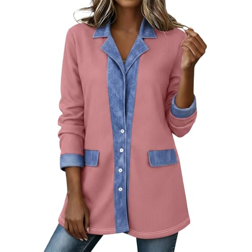 Denim Blazer,Denim Blazer For Women Patchwork Collared Loose Button Down Workout Long Sleeve Corduroy Shirts 2026 Casual Jacket Outfits,Pink,XXL