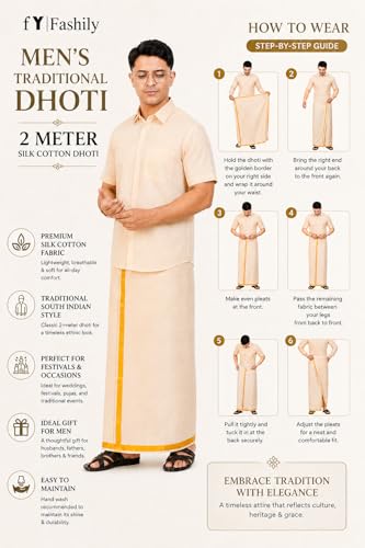 Image of Men's Traditional Indian Shirt and Dhoti Set, Half Sleeves Tissue Silk Cotton Shirt With Dhoti 2 metres for men
