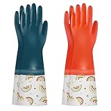 BOOMJOY PVC Cleaning Gloves with Lining, Long Cuff Dishwashing Gloves Heavy Duty, Reusable Large Gloves for Kitchen, Bathroom, Gardening, Working, Pet Care - Orange & Blue, 2 Pairs, Size L