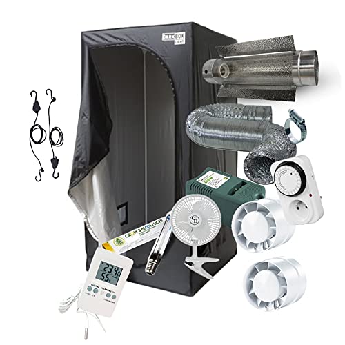 Pack de cámara de Cultivo Completo 80 x 80 x 160/100 x 100 x 200/120 x 120 x 200 cm - 250 W 400 W 600 W a Elegir - Kit Completo con iluminación HPS Cooltube, Timer, Extractor y Ventilador Cover