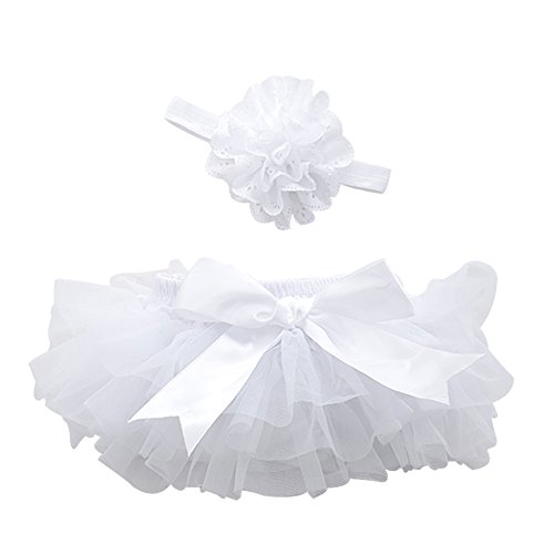 Baby Girls' Bloomers Infant Toddlers Cotton Tulle Ruffle with Bow Diaper Cover and headhand (M(6-12Month), White)
