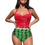 ZIATUBLES Funny Watermelon Print One Piece Swimsuit Cosy Swimwear with Halter Strap for Women Bathing Suit Tummy Control Monokini with Soft Pad for Ladies Beach Party, M
