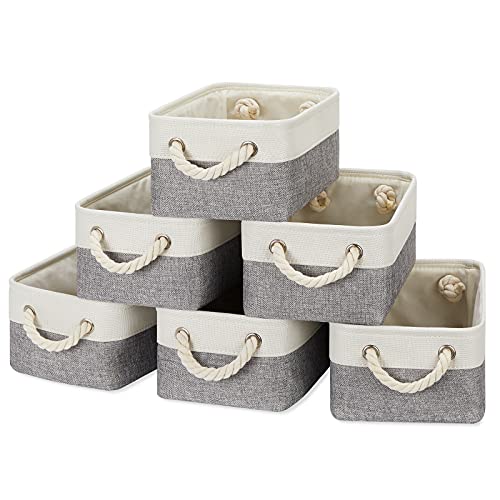 Image of Temary Small Fabric Storage Baskets for Organizing Toys, 6Pcs Small Storage Bins, Decorative Collapsible Gift Baskets Empty for Home, Office, Nursery (White&Grey,11.8L x 7.9W x 5.3H inches)