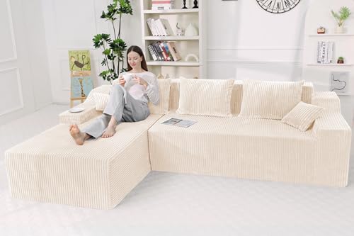 Image of HABUTWAY 101'' Modular Sectional Sofa Cloud Couch with Deep Seat, Modern L-Shaped Convertible Couches Upholstered Couch with Chaise for Living Room Bedroom(Beige, Left-Facing Chaise)