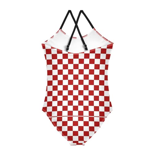 Image of Black and White Chess Girls One Piece Swimsuits Board Marble Tile Sport Halter Swimwear Beach Bathing Suit 3T
