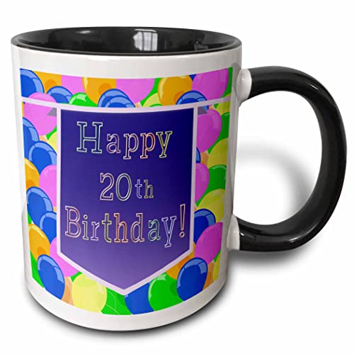 3dRose Balloons with Purple Banner Happy 20th 11oz Two-Tone Black Mug