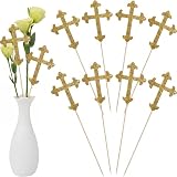 Menkxi 30 Pcs Baptism Gold Glitter Cross Centerpiece Sticks 10' Double Side Cross Baby Shower Cake Toppers Centerpieces for Tables Wedding Birthday Party Religious Christening Decoration