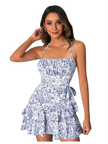 Floerns Women's Floral Halter Ruffle Tiered Cute Summer Mini Dress Milkmaid Vacation Sundress3