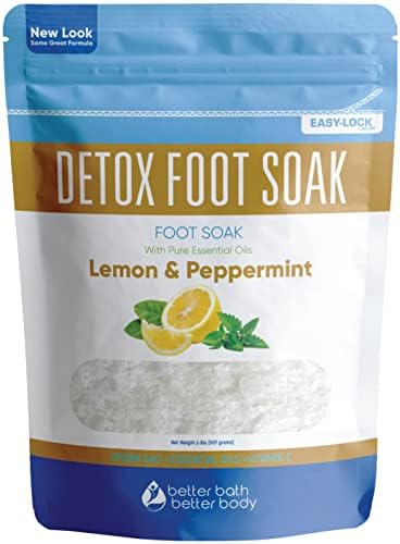 Detox Foot Soak Salts 32 Ounces with Lemon, Peppermint, Lavender Frankincense Essential Oils BPA Free Pouch with Easy Press-Lock Seal Soothe Athletes Foot, Soften Calluses, Relax Tired Feet