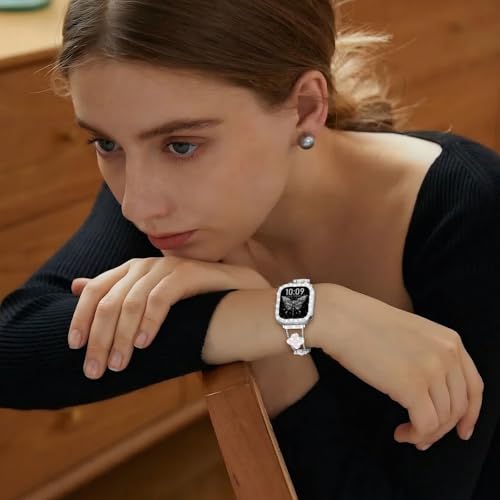 Bling Metal Band and Case for Apple Watch Bands for Women 40mm 41mm 38mm 42mm 44mm 45mm 46mm,Clover Diamond Sparkle Bracelet Dressy Strap with Cover for iWatch Band Series 11 10 9 8 7 6 5 4 SE 3 2 1 by DMVEIMAL - Used condition - Image 7