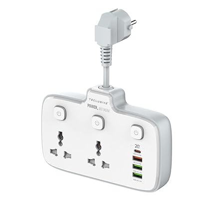 T Teclusive 2500W 10A Extension Power Strip with USB Ports | 2 Power Socket with 20W Type C USB PD QC 3.0 Fast USB Port | Multi Port Extension with USB Port and Individual Switch