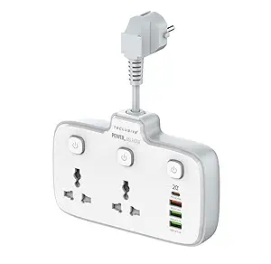 T Teclusive 2500W 10A Extension Power Strip with USB Ports | 2 Power Socket with 20W Type C USB PD QC 3.0 Fast USB Port | Multi Port Extension with USB Port and Individual Switch