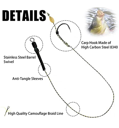 Seaowl Carp Fishing Hair Rigs 24 Pcs High Carbon Steel Barbed Hook Rolling Swivel Boilies Carp Fishing Rigs With 2 Card Boilie Bait Stops And 2 Different Needles Size 2#4#6#8# #TOP3