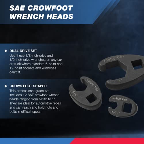 Neiko 03323A Crowfoot Wrench Set 1/2" And 3/8” Drive, 12 Piece, Sae Crows Foot Wrench Sizes 5/16” To 1”, Chrome-Moly Flare Nut Wrench Set #TOP1