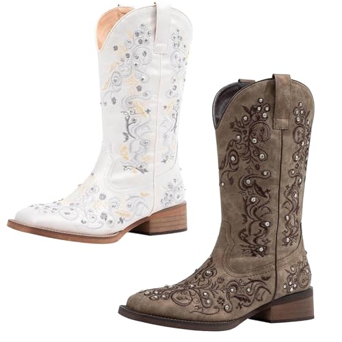 SheSole 2 Pair Women's Cowboy Boots Square Toe Mid Calf Floral Cowgirl Boot Size US 8