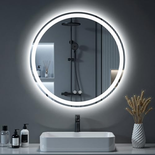 Image of NEWBULIG 30'' Round LED Bathroom Mirror with Lights, Circle Vanity Mirror | Anti-Fog, Dimmable, 3-Color Light, Front Light and Backlit, Memory Function, Tempered Glass