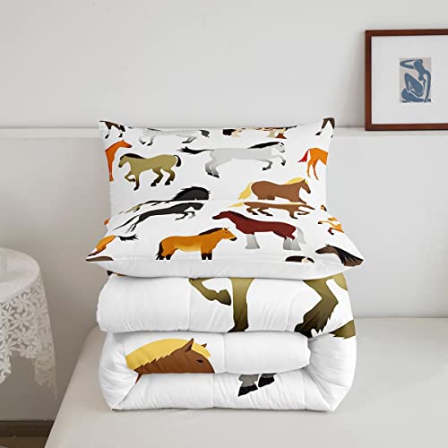 Cartoon Horse Comforter Set Galloping Horse Bedding Set Colorful Horse Comforter Cute Animal Decor Quilted Duvet Set For Boys Girls Children Teens Microfiber Full Size 3Pieces #TOP4