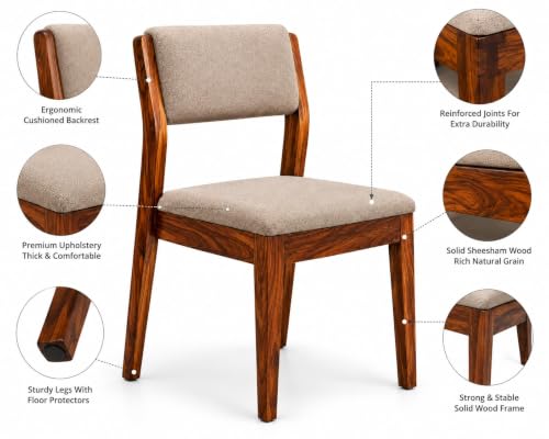 Image of Genuine Decor Solid Sheesham Wood Dining Chairs Set of 2, Beige Upholstered Cushioned Seat, Rustic Teak Brown Finish, Wooden Dining Chair for Dining Room, Kitchen & Living Room, Made in India