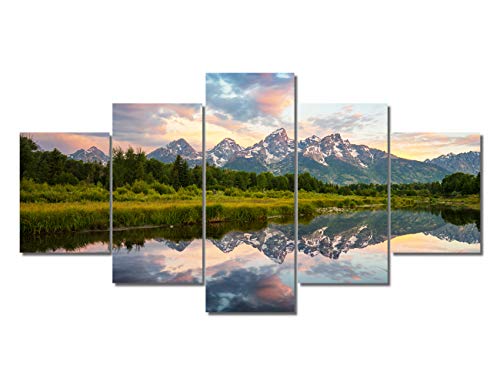 Canvas Wall Art American Fantastic Sunrise Landscape in Grand Teton National Park, 5Pcs Modern Landscape Artwork Scenery Painting for Home Decoration Wall Decor Stretched and Framed Ready to Hang