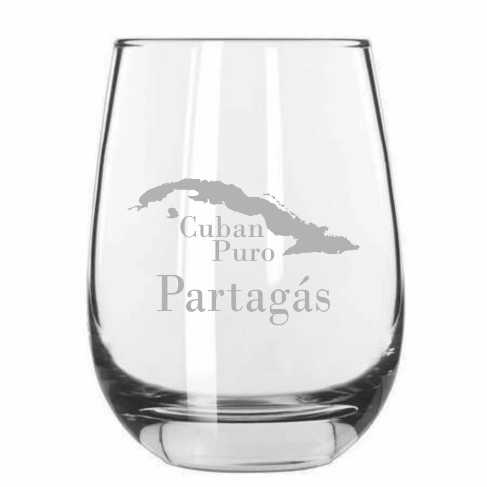 Partagas Cuban Cigar Themed Etched 15.25oz Stemless Wine Glass