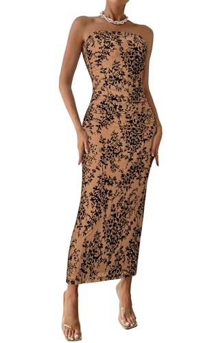 BTFBM Damen Sommer Maxi Tube Kleid Trägerlos Seitenschlitz Lang Floral Bodycon Kleid Elegant Party Cocktail Kleider, Dunkles Apricot, XX-Large BTFBM Damen Sommer Maxi Tube Kleid Trägerlos Seitenschlitz Lang Floral Bodycon Kleid Elegant Party Cocktail Kleider, Dunkles Apricot, XX-Large