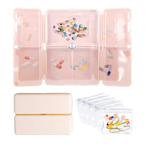 Lot de 2 boîtes à médicaments pliables avec 5 poches pour médicaux de voyage - Boîte de rangement magnétique pour comprimés - Convient pour le stockage de vitamines et de pilules ordinaires (rose,