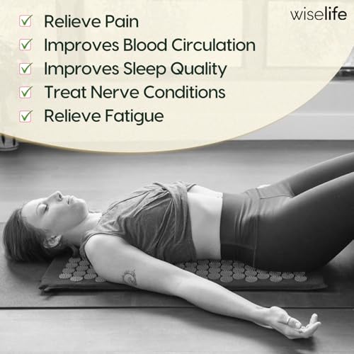 Image of WiseLife Acupressure Mat & Pillow Set with Bag | Acupuncture Mat for Neck & Back Pain Relief | Muscle Relaxation & Stress Relief | Sciatica Pain Support Large 71x44 cm (Dark Green)