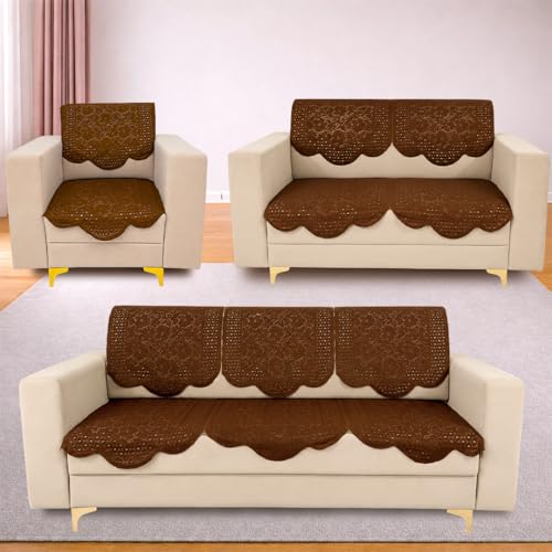 Image of Homerz Premium 'Surya Series' Sofa Cover | Stylish Sofa Protector | Net Fabric | Anti-Stain & Washable Slip Cover Exact Size Antislip (Flower Valley Brown, 6 (3+2+1) Seater, Seat Cover with Backrest)