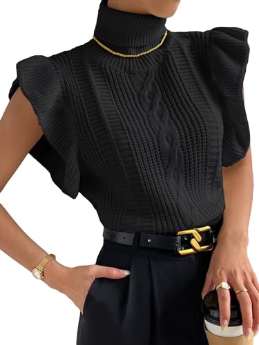 Image of GORGLITTER Women's Short Sleeve Sweater Vest Cable Knit Turtleneck Sleeveless Pullover Tank Tops