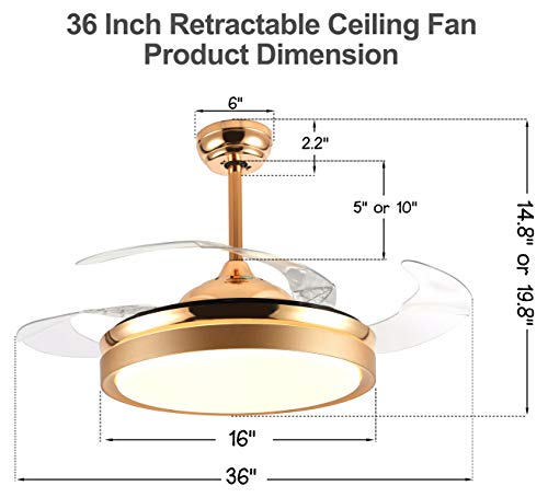 Image of 36'' Retractable Ceiling Fan with LED Light and Remote Control, Retractable Blades, 3 Color Dimmable Modern Ceiling Fan for Bedroom /Living Room /Dining Room Gold