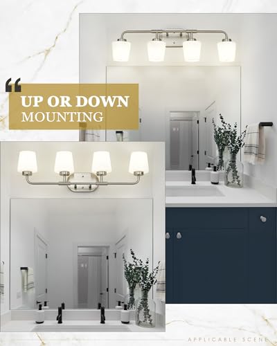 Image of 4-Light Brushed Nickel Bathroom Light Fixtures Over Mirror | Vanity Lighting Fixtures with Milk White Glass, Vintage Farmhouse Wall Sconces Lighting, AD-22004-4W-SN