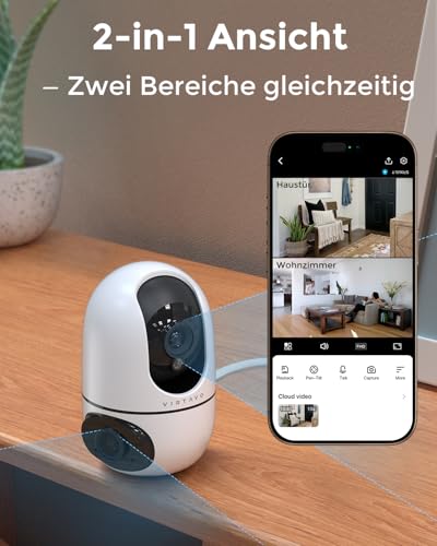virtavo XD1 WLAN Dual Kamera Überwachung Innen, 2 Ansichten Gleichzeitig, Ohne ABO, Smart Tracking, Rundum‑Sicht, Farbnachtsicht, Zwei‑Wege‑Audio, 1080P Überwachungskamera für Baby & Haustiere