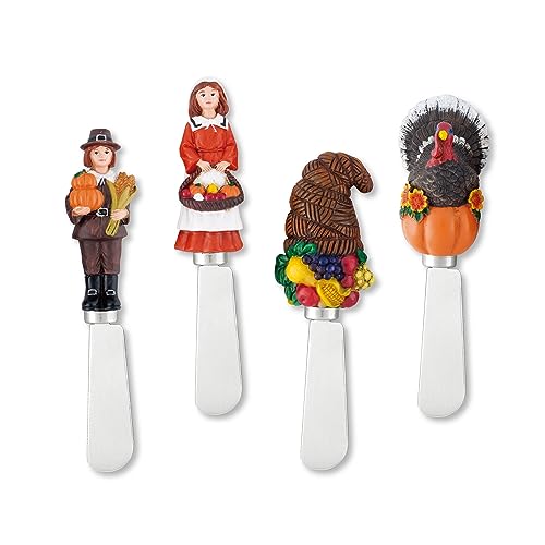 Supreme Housewares Harvest Cheese Spreaders, Hand-Painted Resin Handles with Stainless Steel Blades for Spreading Cream Cheese, Butter, and Jam, Assorted Thanksgiving Designs, Set of 4