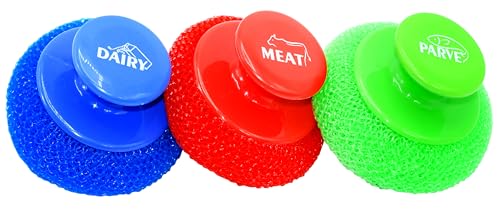 Image of The Kosher Cook Meat Red Scouring Pad with Comfortable Handle Ergonomic Easy Grip Dishwashing Cleaning Sponge Brush Color Coded Home and Kitchen Accessories