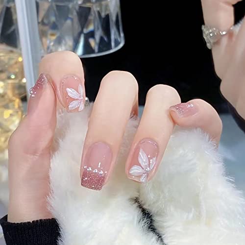 24 Pcs Acrylic Press On Nails Short, Fake Nails With Pearls And Flower, Cute False Nails With Nail Glue On Nails For Women (Flower With Pearls) #TOP8