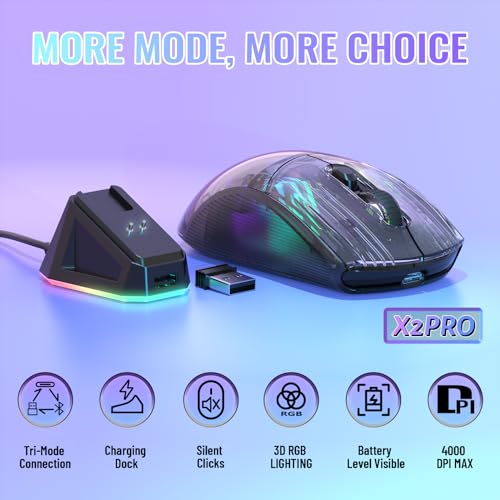 Image of ATTACK SHARK X2 Pro Wireless Gaming Mouse with RGB Charging Dock,Tri-Mode PC Gaming Mice 2.4G /Bluetooth /Wired,Noiseless Mouse RGB Backlit,Transparent Shell,PixArt 3212 4000 DPI,for Win /MAC,Black