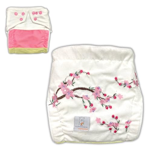 Fralda de Pano Ecológica AURORINHA SUSTENTÁVEL Pocket Minky Flores Cerejeiras Tamanho Único 4kg/18kg