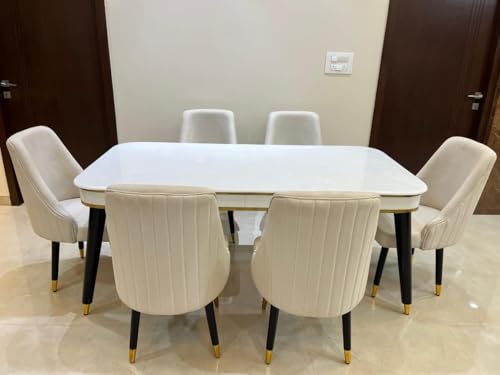 Image of WOODEN SPACE 6-Seater Wooden Dining Table Set | Nano Composite Marble Top | Solid Wood Base | Modern Dining Room Furniture with 6 Chairs (Beige)