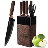 lapelux Knife Set,6 Piece Kitchen Knife Set-Kitchen Knives with Block, Wood Grain Handle, Stainless Steel Knivese with Chef, Bread Knife,for Cutting Meat/Vegetables/Fruit.