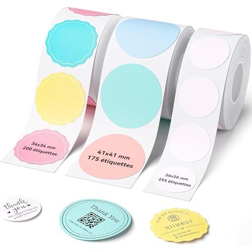 NIIMBOT 3 Rouleaux Rond d'étiquettes Thermiques Autocollantes pour B1/B2/B21/B3S/B31/B4/K3,26x26mm (Rose),34x34mm,41x41mm,Texte Noir