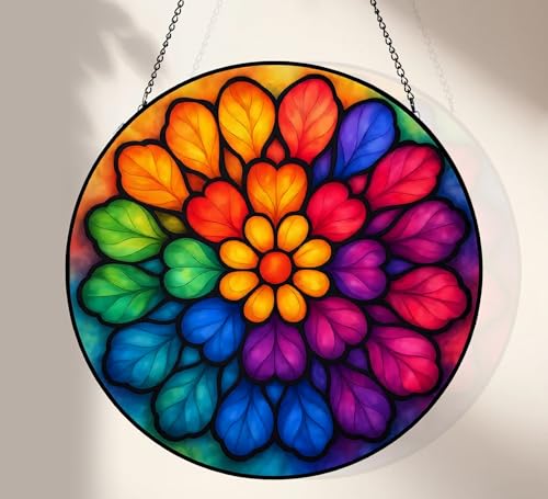 KWYADLUO Stained Glass Window Hanging, Rainbow Mandala Meditation Sun Catcher, Stained Glass Panels for Indoor Windows Wall Art Decor, Birthday Mom Women Wife Lovers (7.87inch)