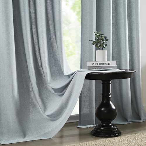 Central Park Mist Blue Semi Sheer Grommet Curtain Linen Blend, 58" Wx95 Lx2