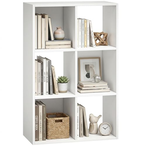 HOMCOM Industrial Style Storage Shelf, Bookcase, Bookshelf with 6 Compartments, Freestanding Shelving Unit for Living Room, Home Study, White Wood Effect