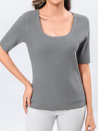 Totatuit Women's Short Sleeve Sweaters Trendy Square Neck Lightweight Knitted Summer Dressy Business Tops Gray XX-Large - image 3