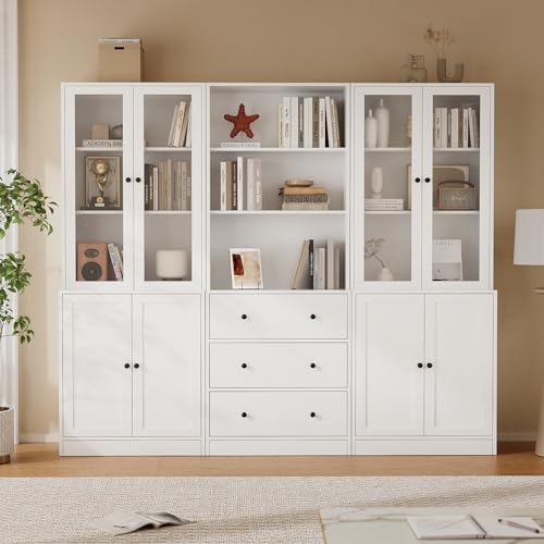 TUSY 71' H Bookshelf with Storage, 6-Tier Modern Bookshelves with 3 Large Drawer, Display Bookcase with Glass Doors, Modern 5-Tier Curio Cabinet for Home Office, Dining Room (White, ABA)